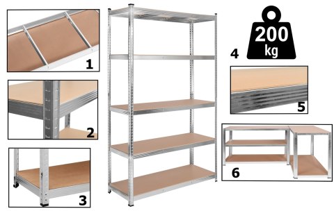 Regał stalowy magazynowy 200kg 5 poziomów 205x120x45 cm ocynkowany